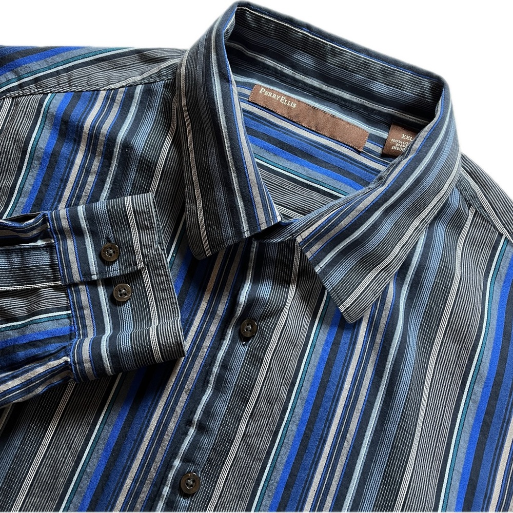 Perry Ellis Men's Shirt XXL Blue Black Striped Long Sleeve Button Up Cotton